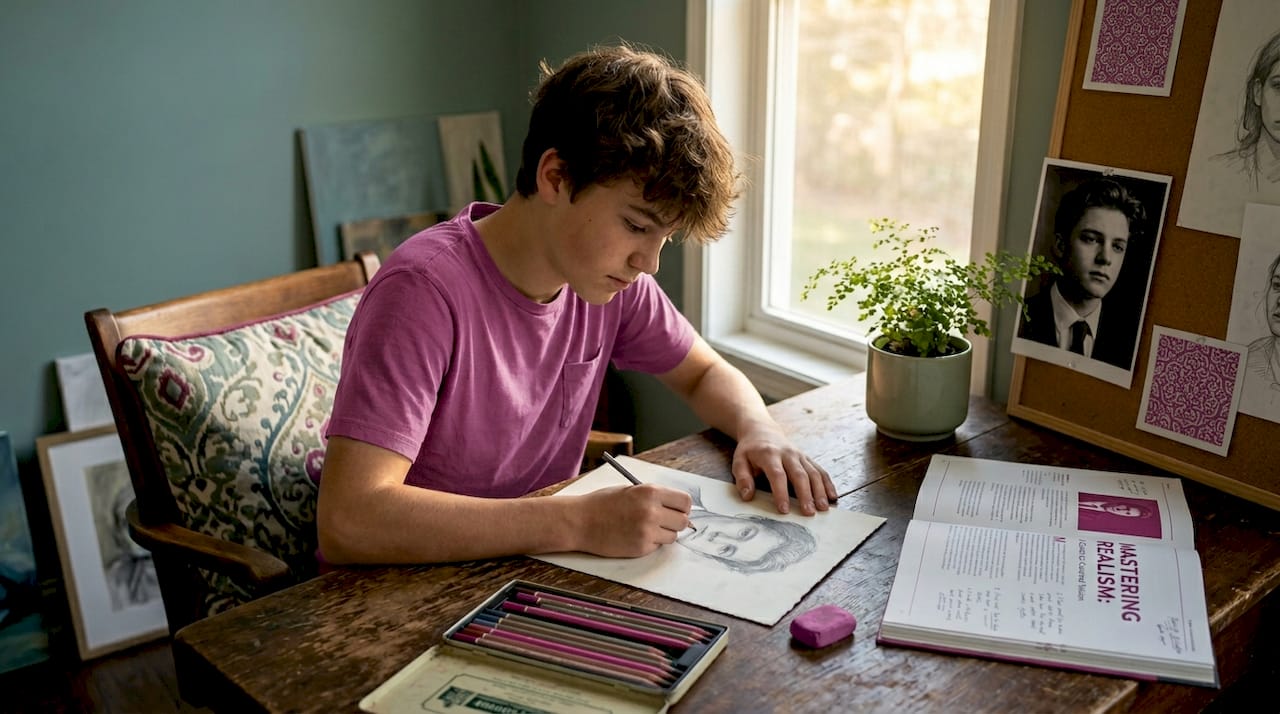 Teen practicing realism drawing at kitchen table