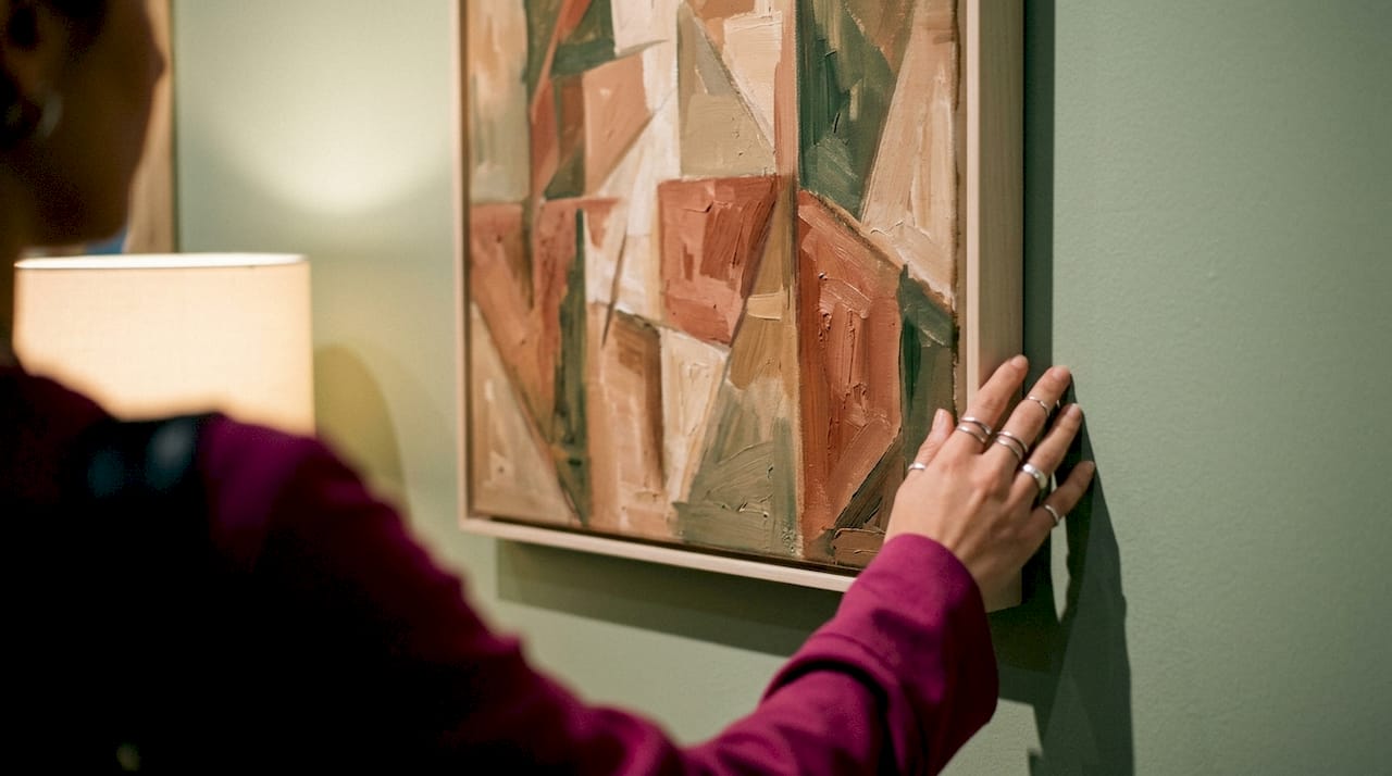 Close-up of semi-abstract painting with visitor hand