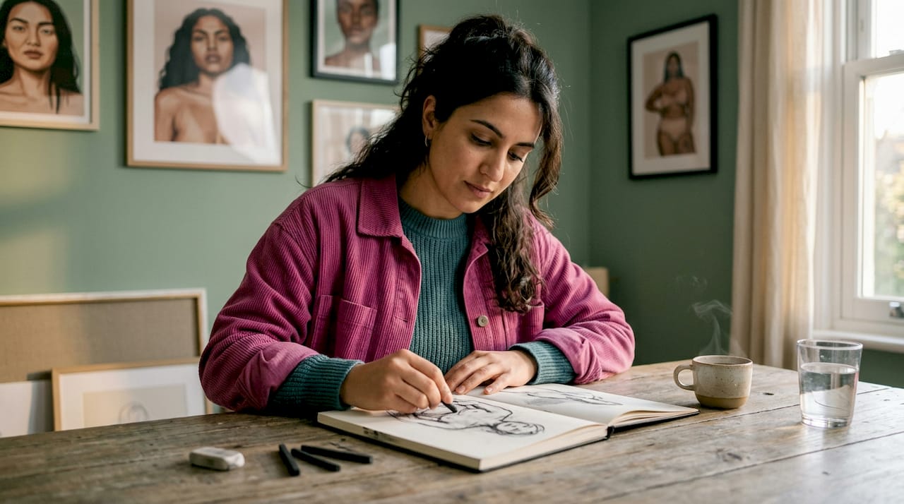 Artist sketching identity-themed portrait in studio