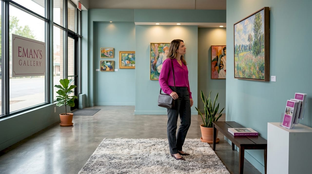 Modern gallery with Impressionist paintings and visitor