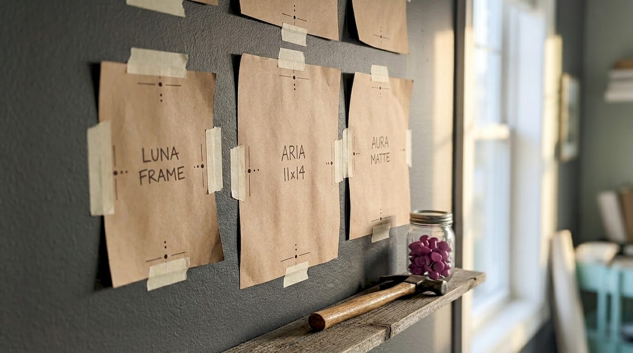 Labeled kraft paper templates on wall for gallery layout