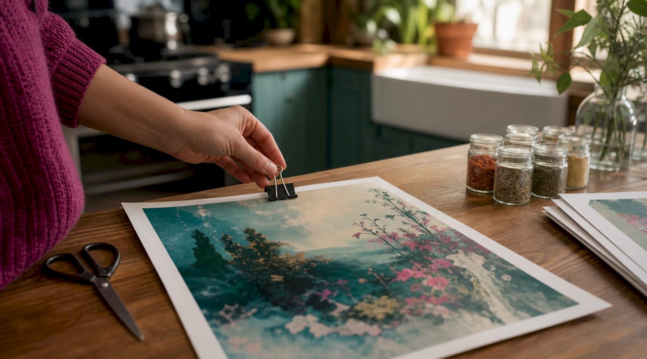Hand clipping binder clip to art print