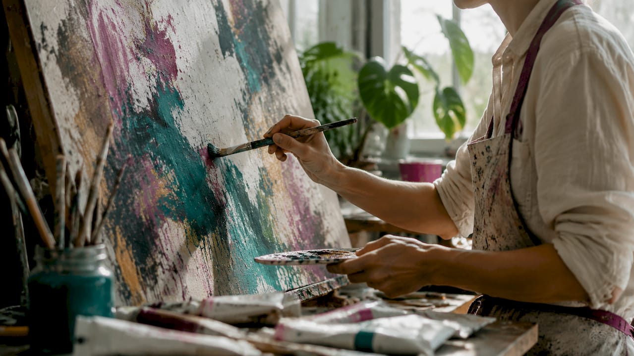 Close-up of hands painting gestural abstract art