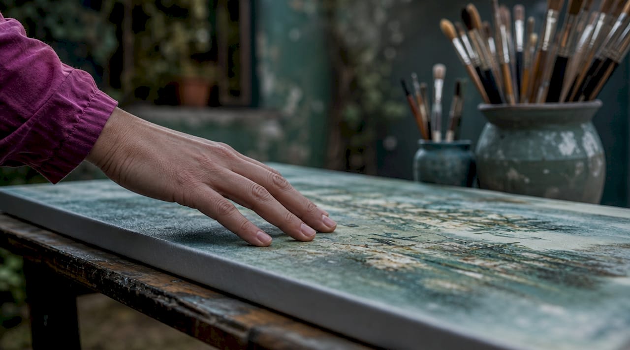 Close-up of cotton canvas texture and wooden frame