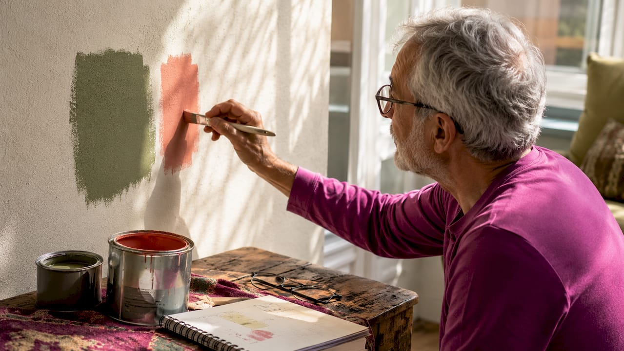 Man applying paint swatch in sunlit kitchen