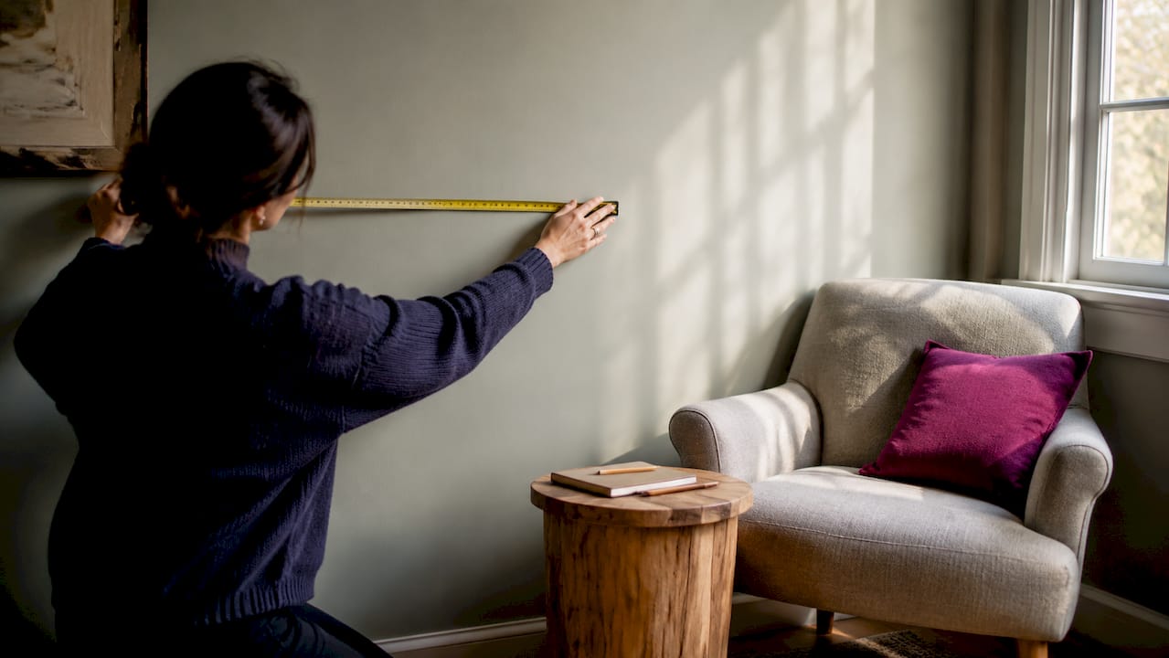 Hands measuring wall space for canvas