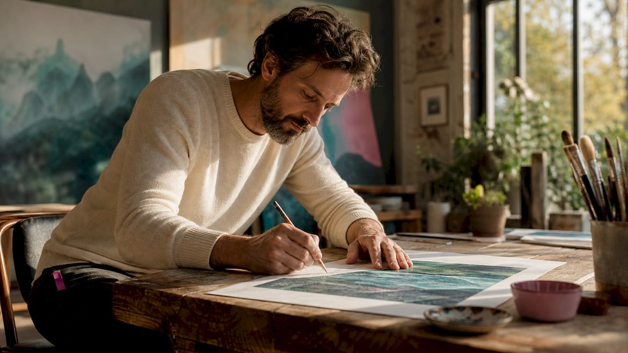 Artist signing a limited edition print in studio