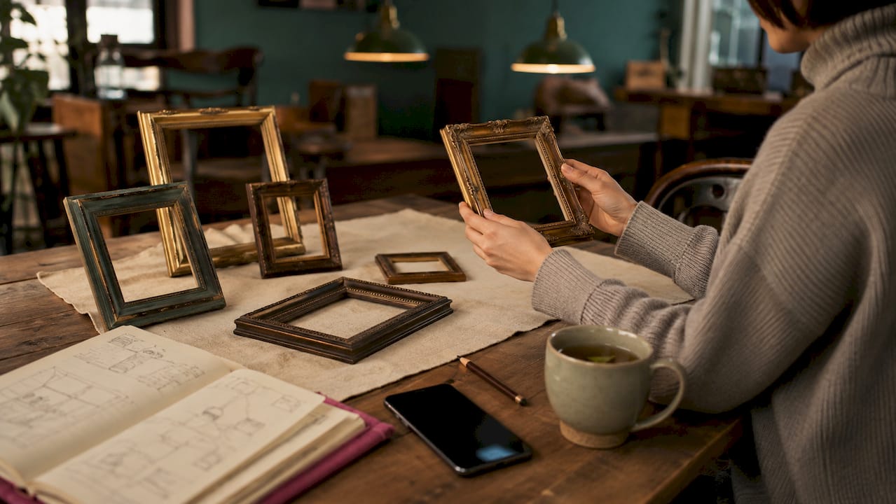 Hands arranging various picture frames