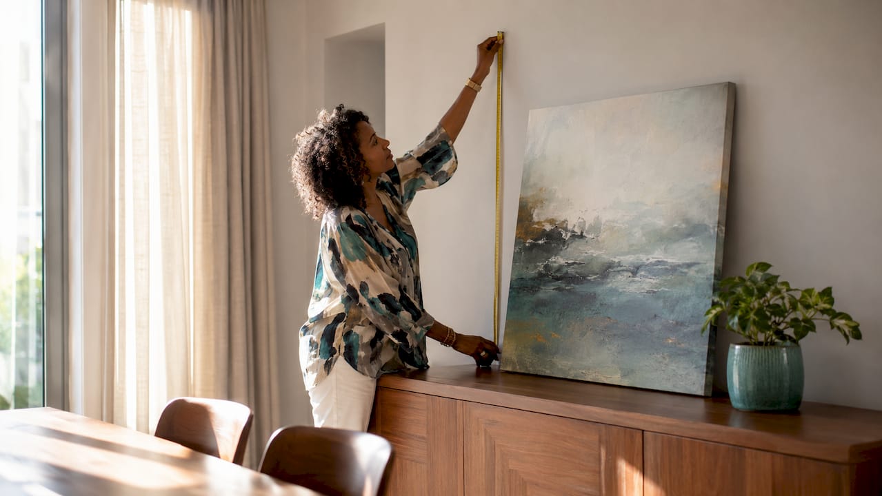 Woman measuring wall above sofa for art