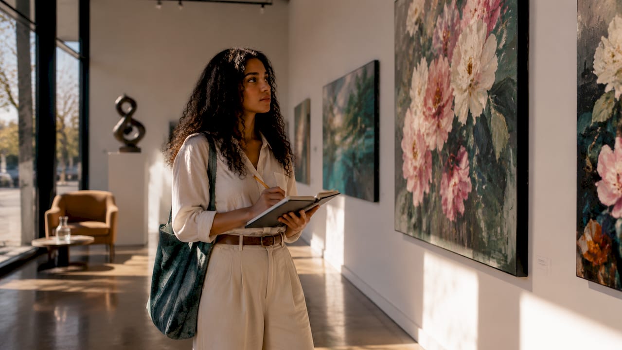 Visitor studying contemporary artwork in gallery