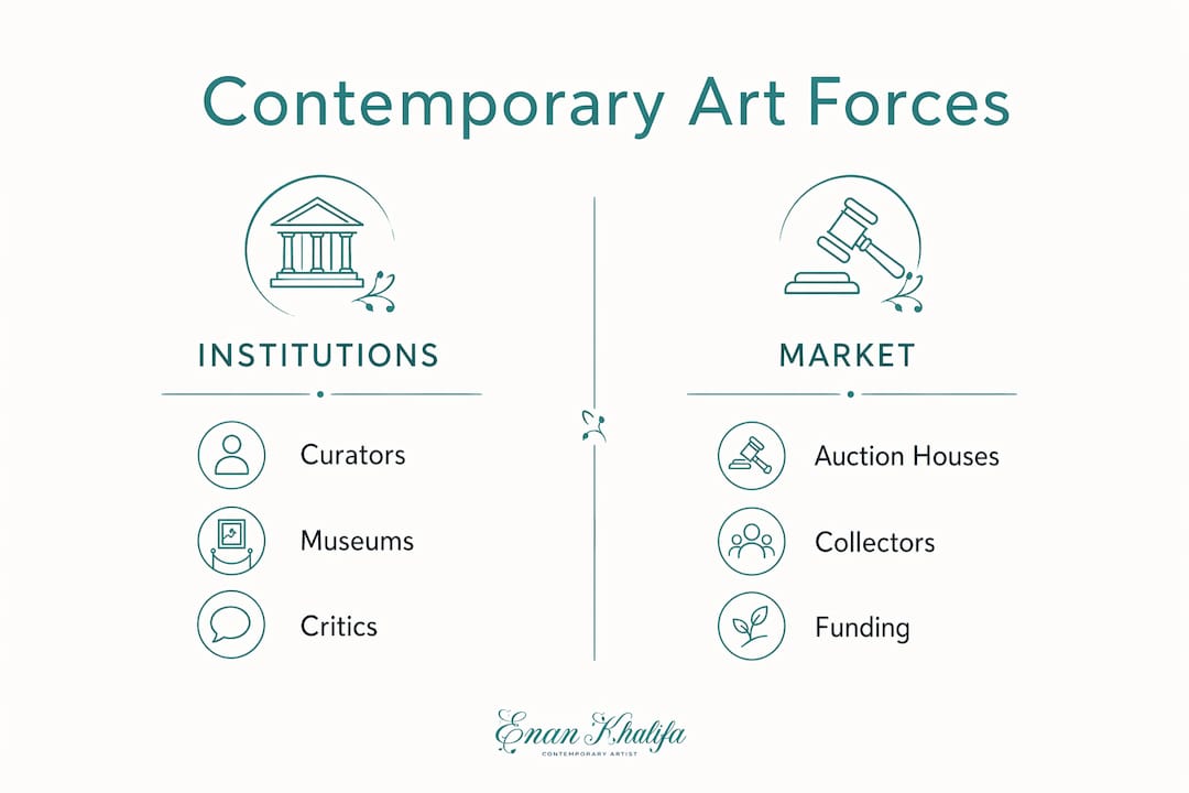 Infographic comparing institutional and market roles in art