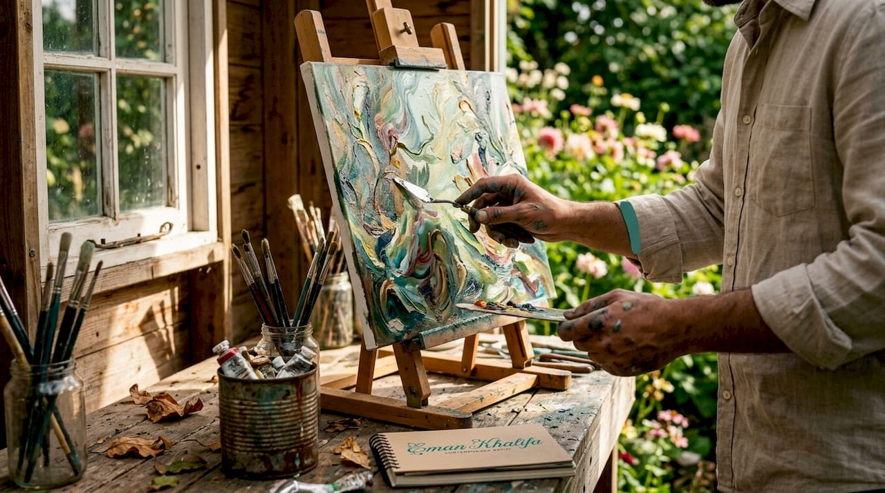 Close-up of hands applying oil paint on canvas
