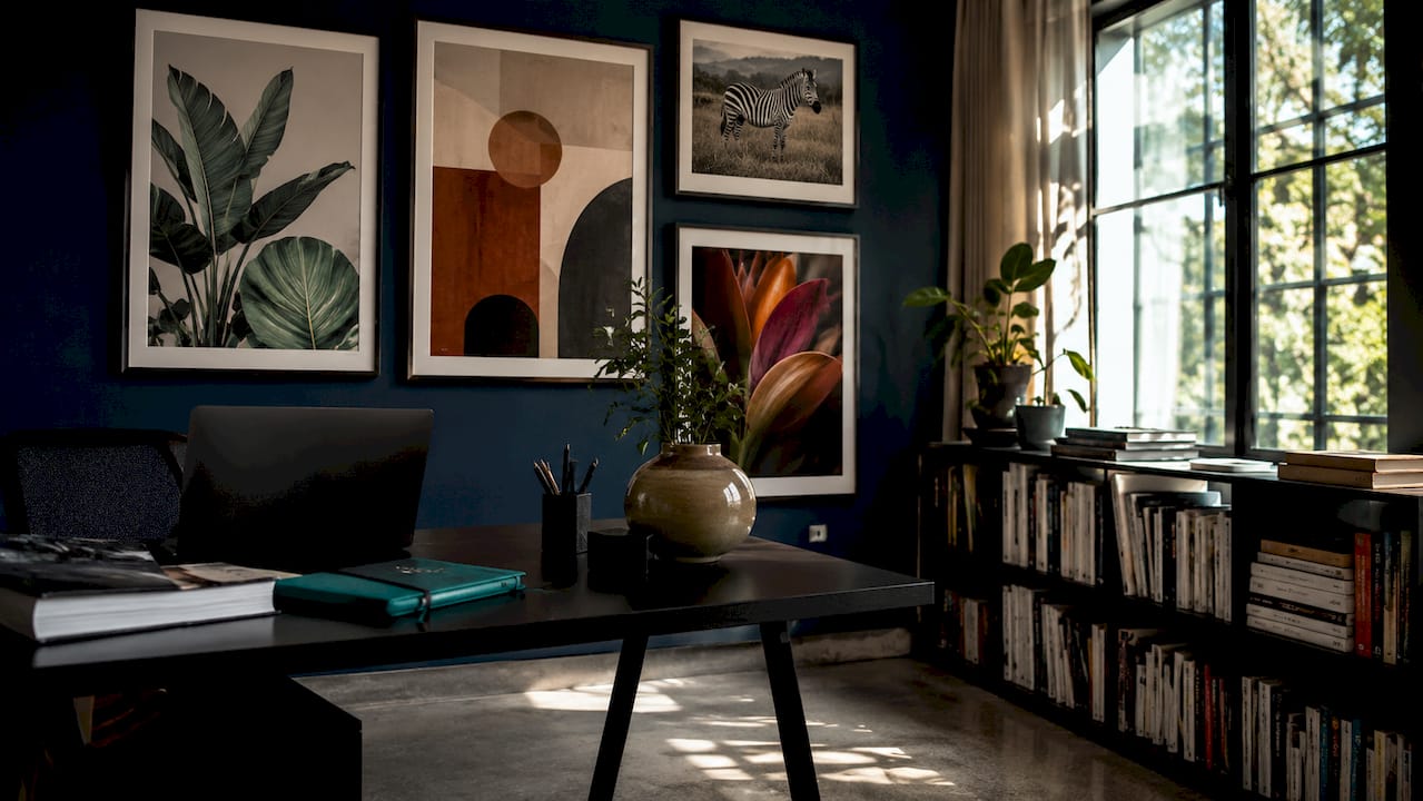 Variety of art posters displayed in modern living room
