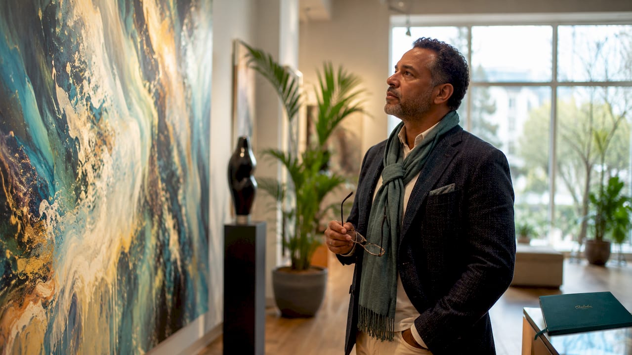 Man observing abstract painting in gallery