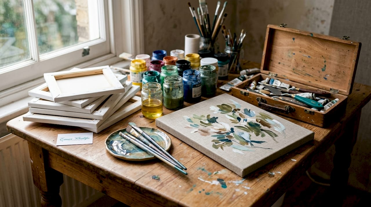 Canvas painting and print materials on workspace table
