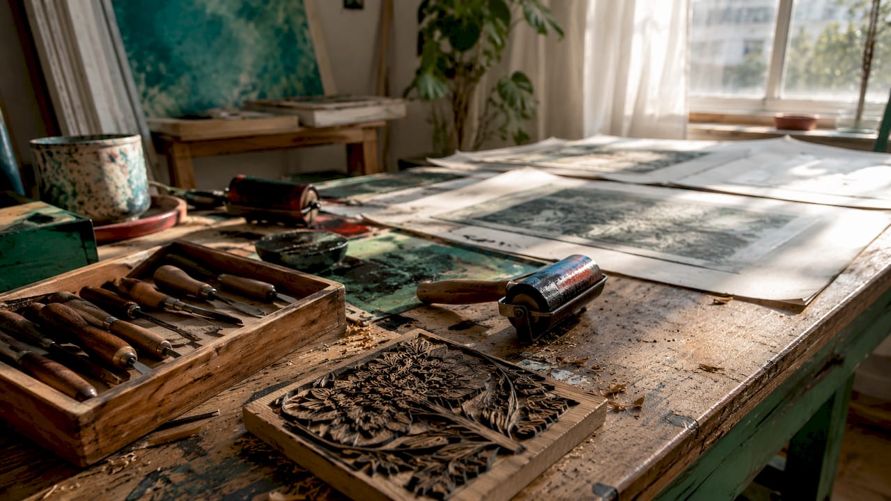 Woodcut carving tools on artist workbench