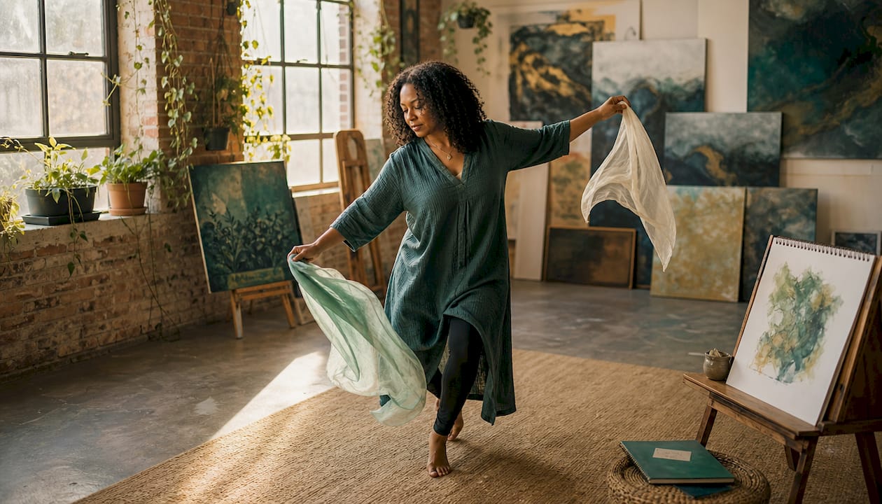 Woman engaging in expressive arts movement therapy