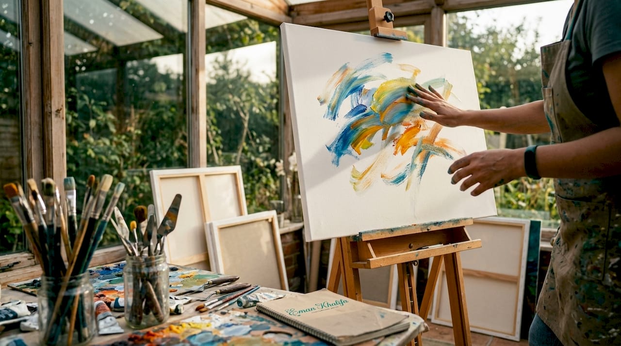 Hands creating gestural abstraction on canvas