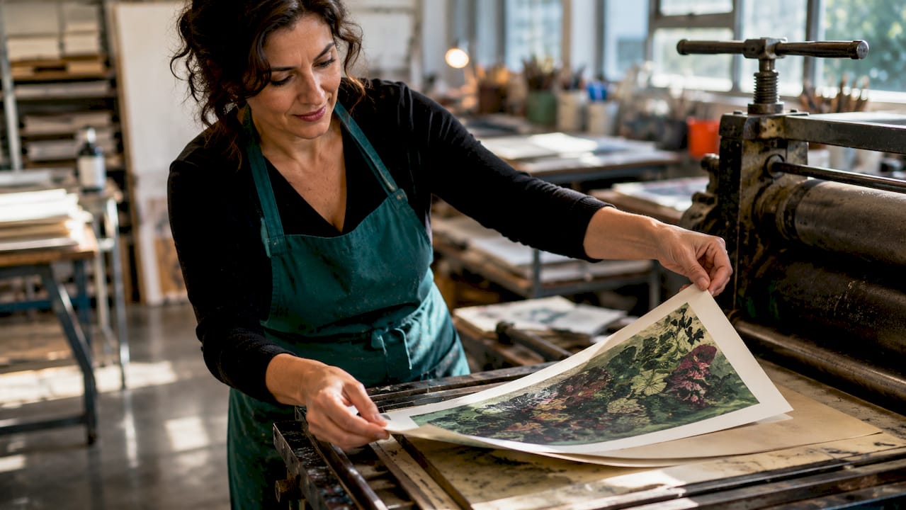 Artist lifting fresh artist proof from press
