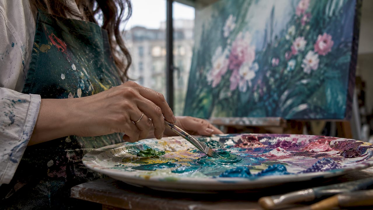Close-up artist hands mixing oil paints