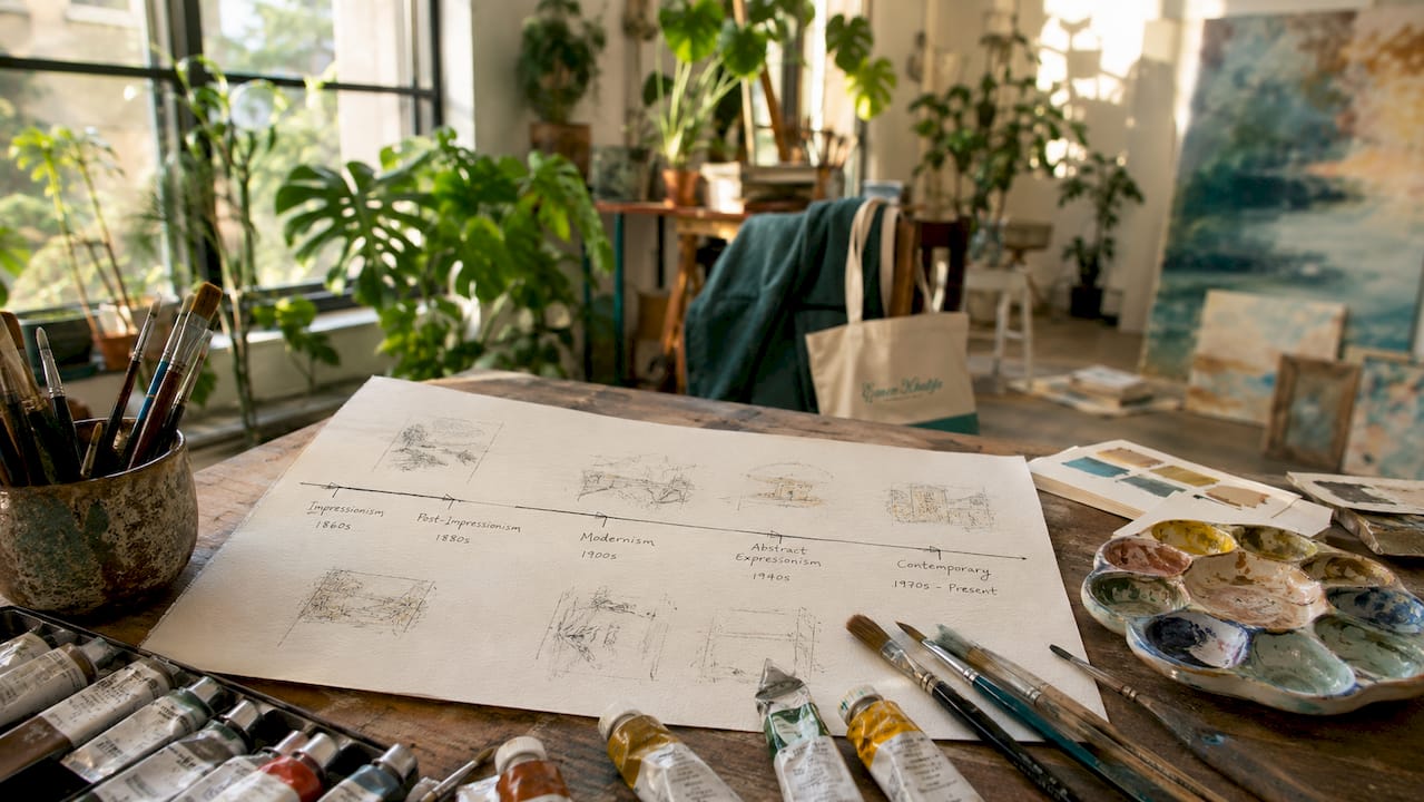 Artist's table with art periods timeline sketch