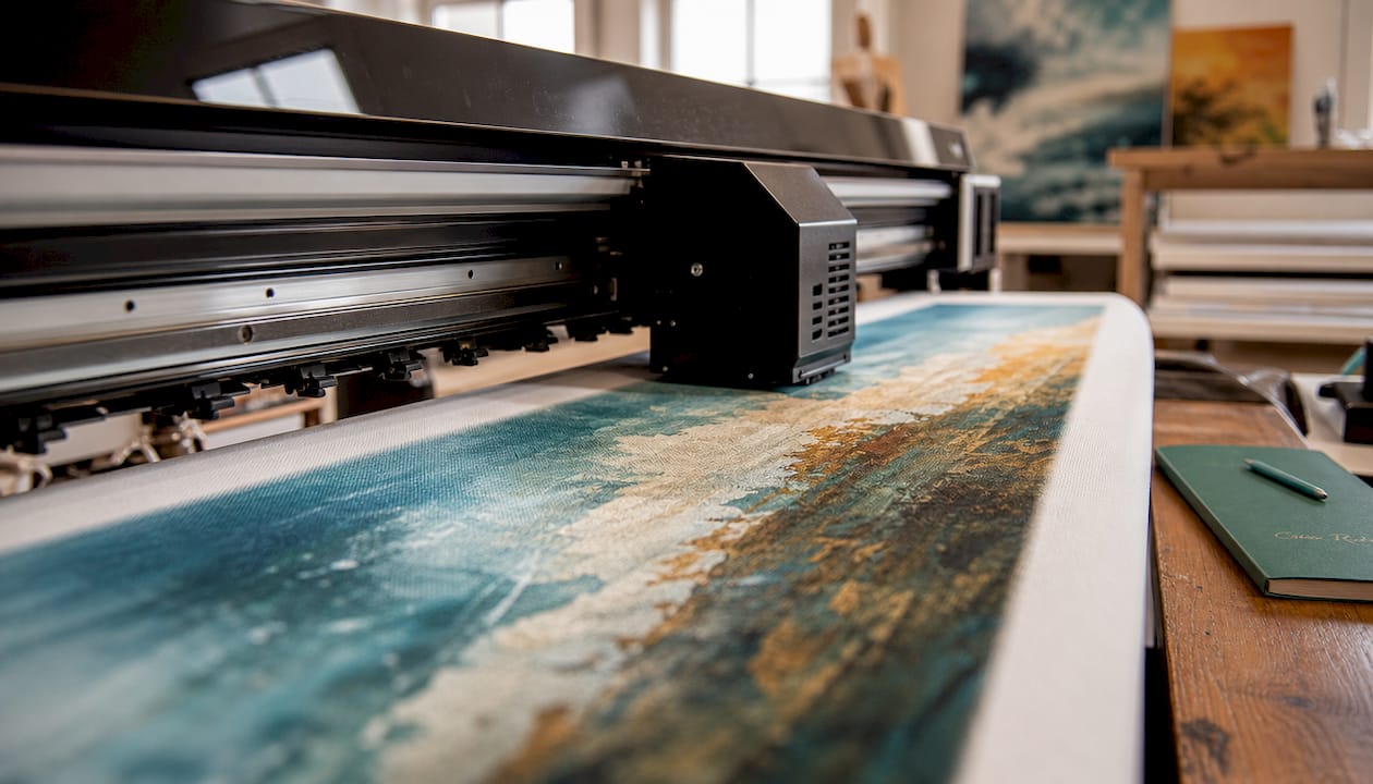 Close-up of inkjet printer printing on canvas fabric
