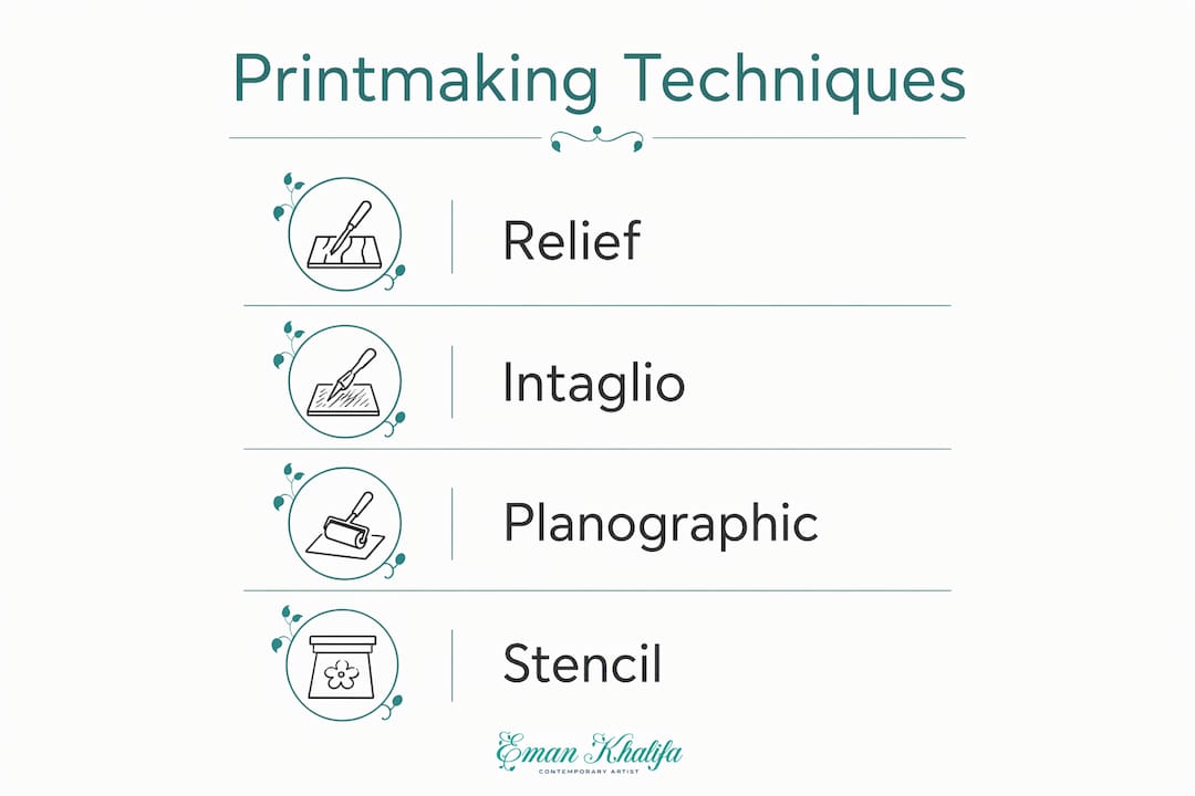 Infographic illustrating main printmaking techniques