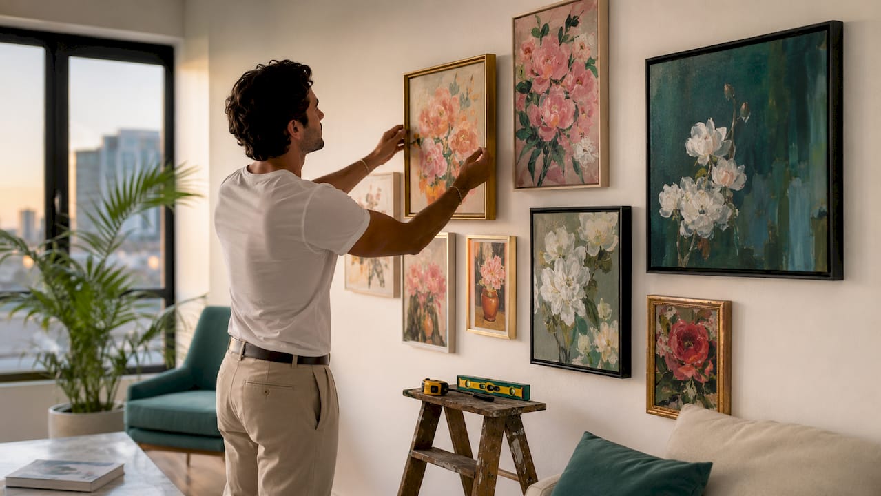 Man hanging art on gallery wall