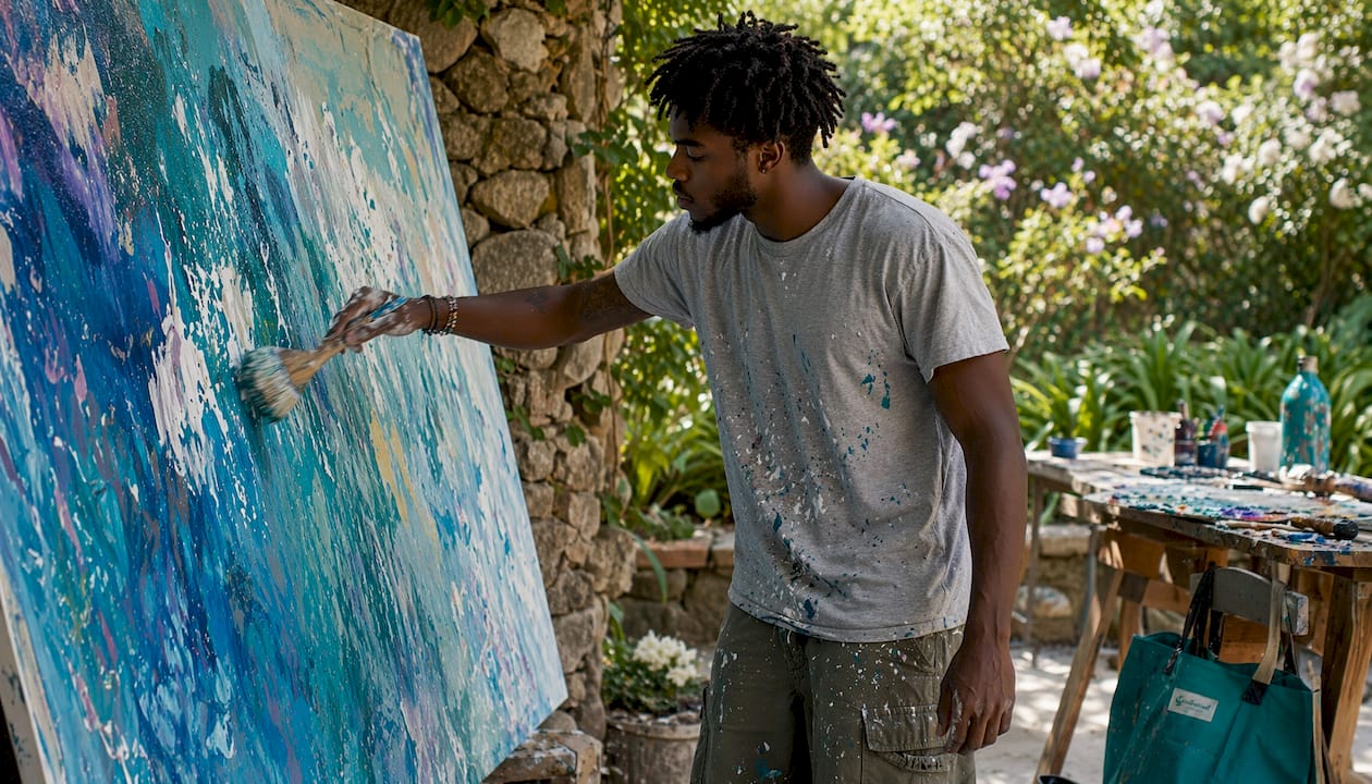 Painter creating dynamic action painting with broad brush strokes