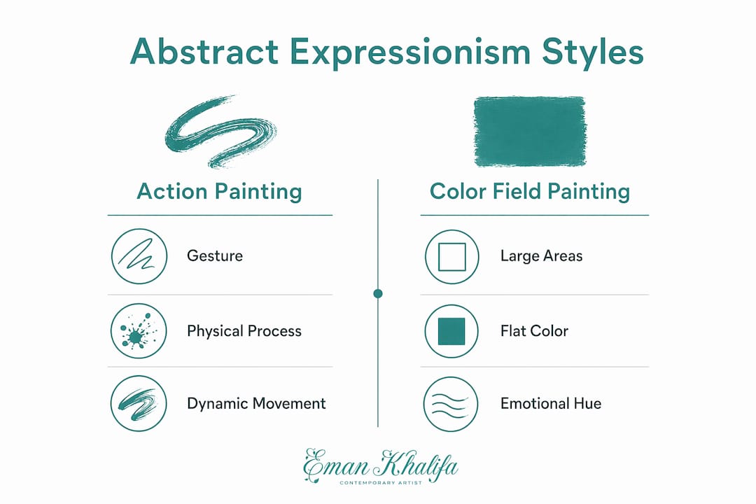 Infographic comparing Action Painting and Color Field Painting styles