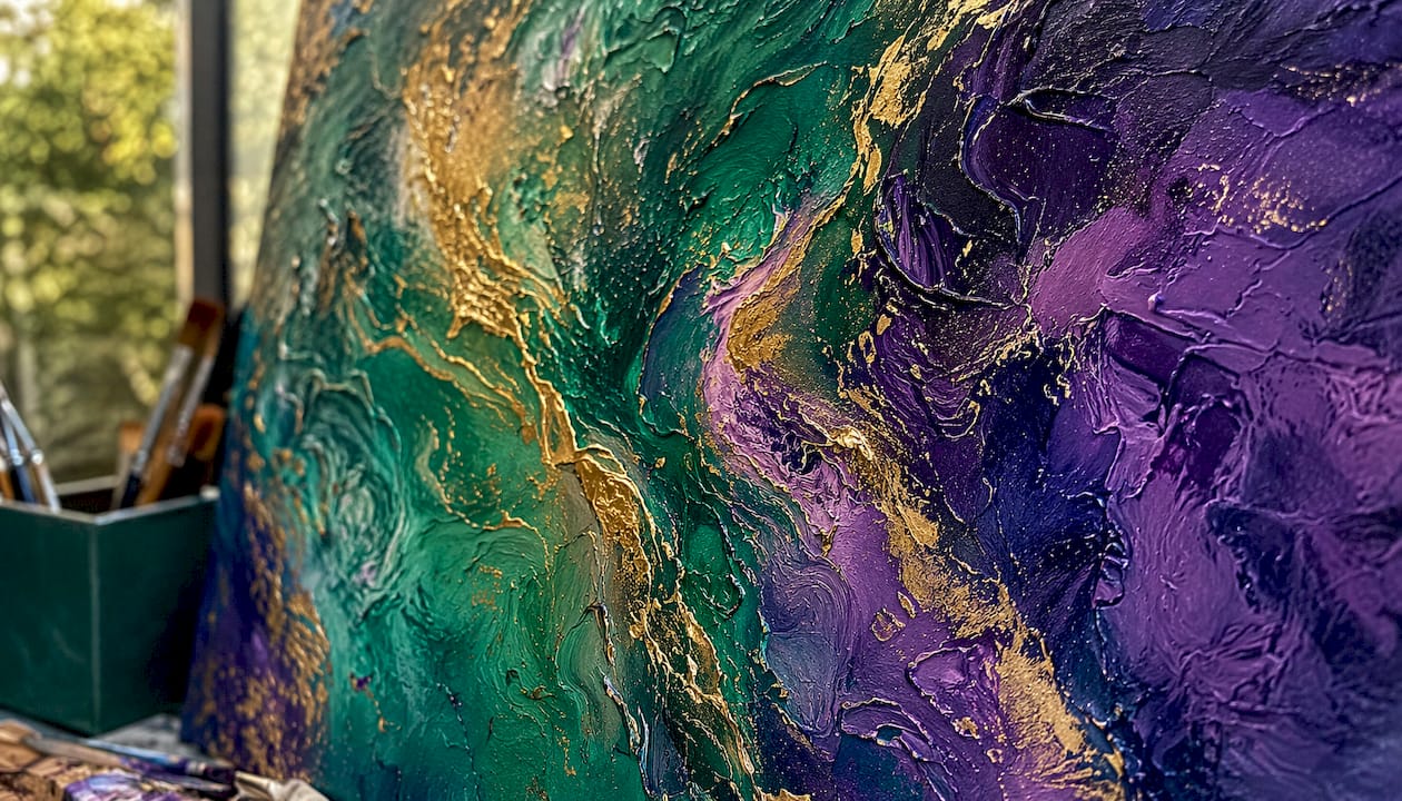 Close-up textured abstract painting with bold colors