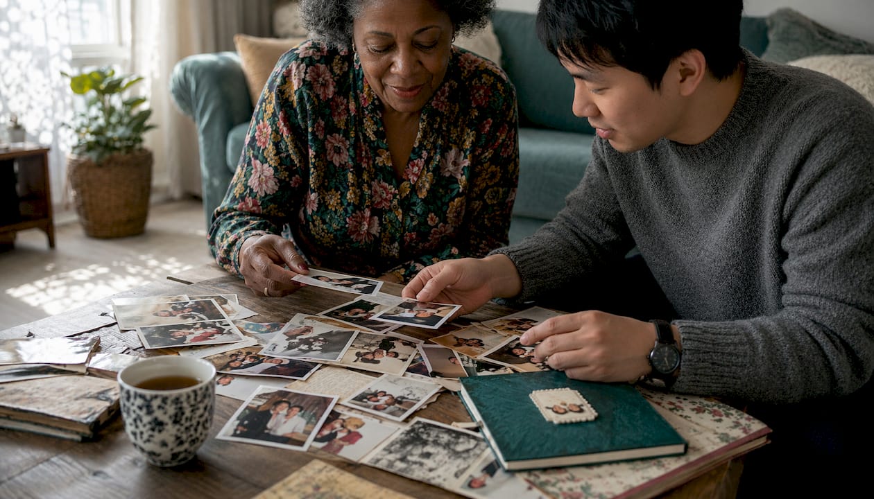 Hands sorting family photos on table