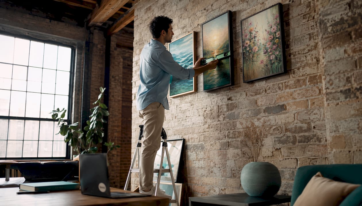 Man arranging frames on wall