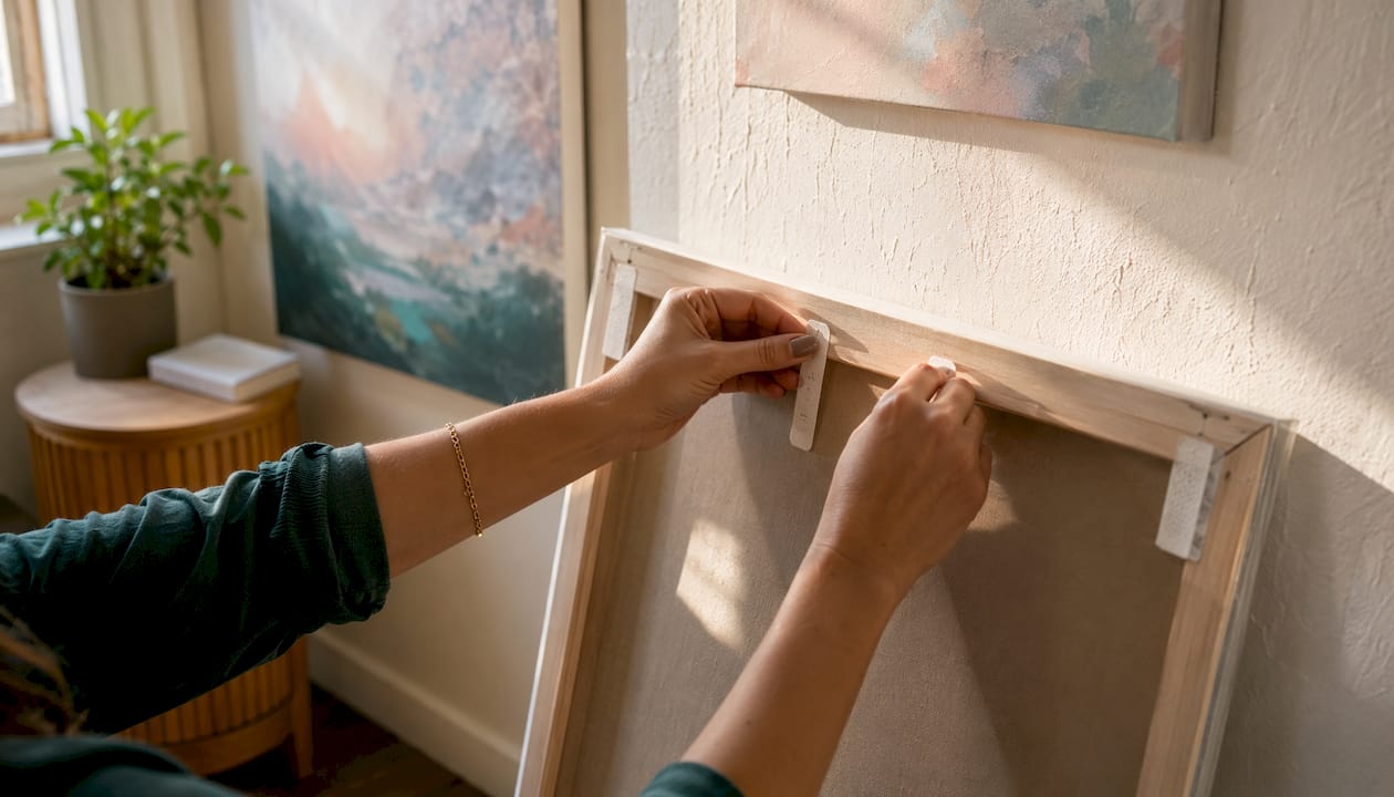 Hands attaching adhesive strips to frame