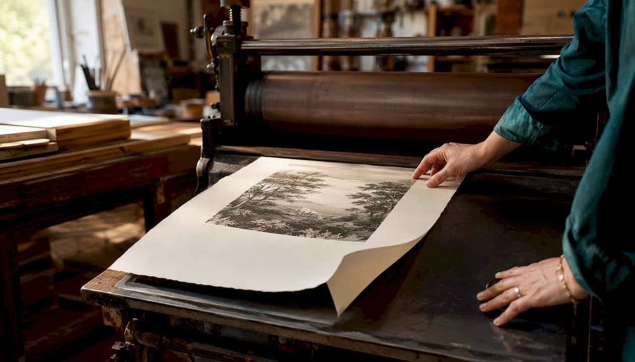 Paper pressed against inked lithography stone