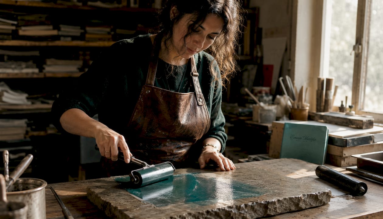 Printer rolling ink on lithographic stone