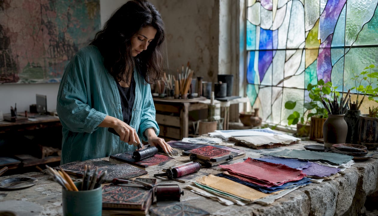 Relief printmaking tools and textured woodblocks on table