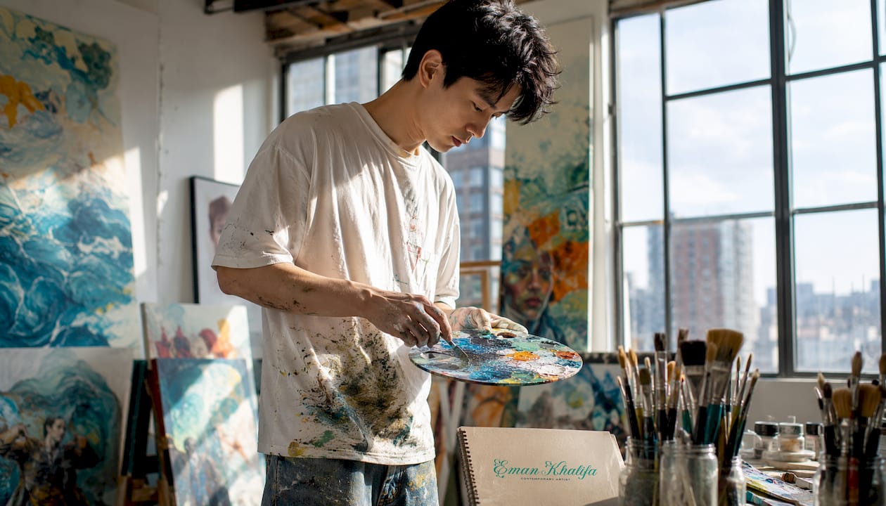 Artist mixing colors on palette in studio
