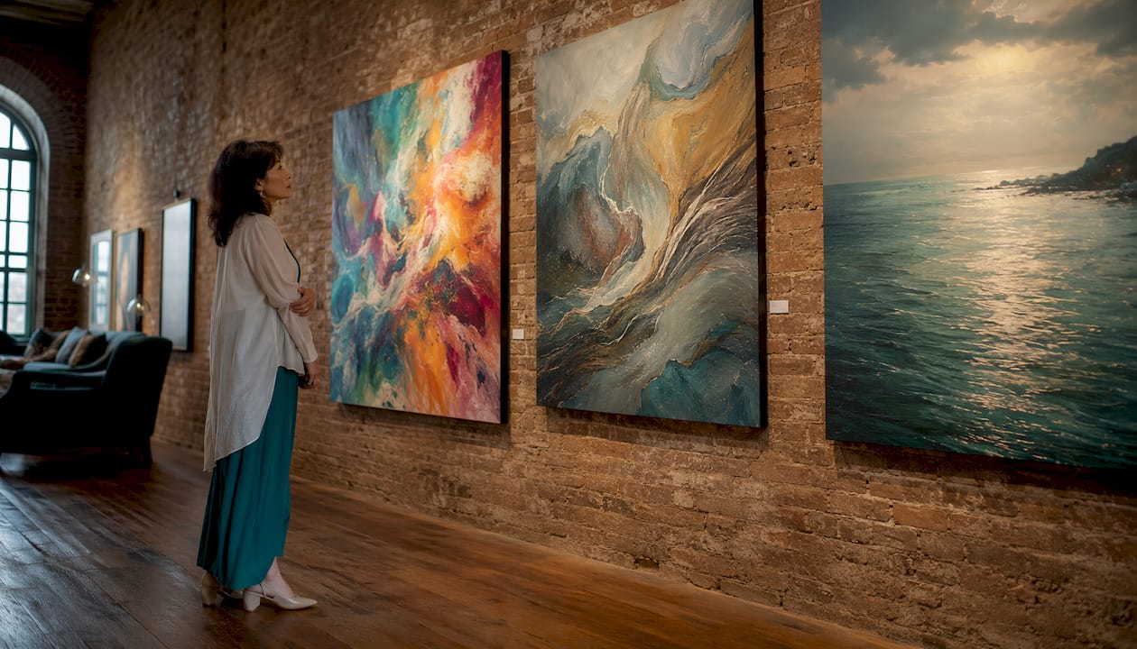 Visitor observing non-representational painting in gallery