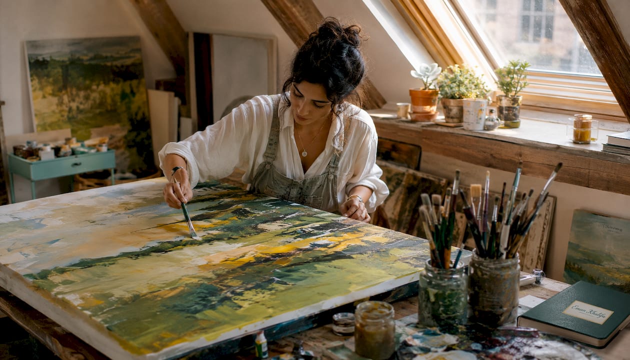 Artist making gestural strokes on canvas in studio