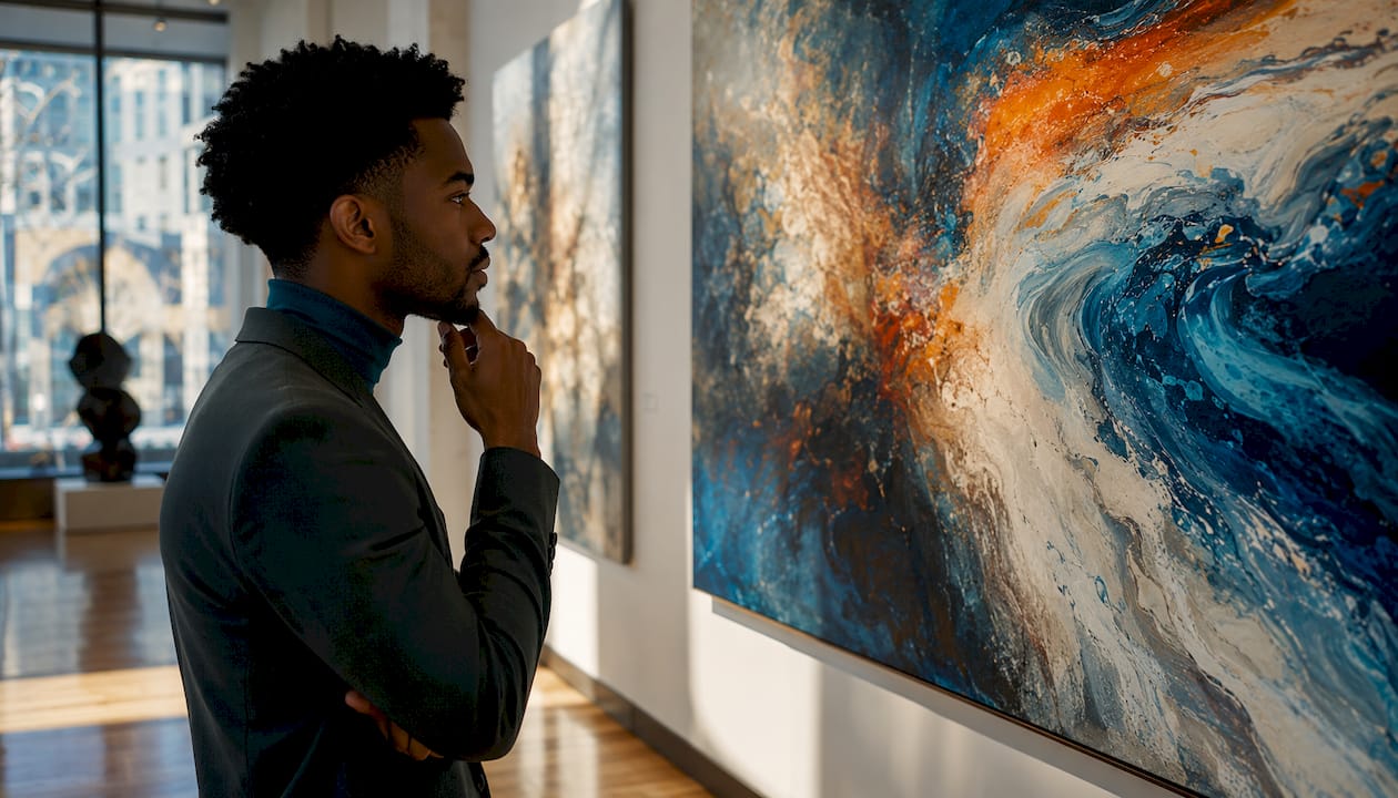 Viewer appreciating modern abstract painting in gallery
