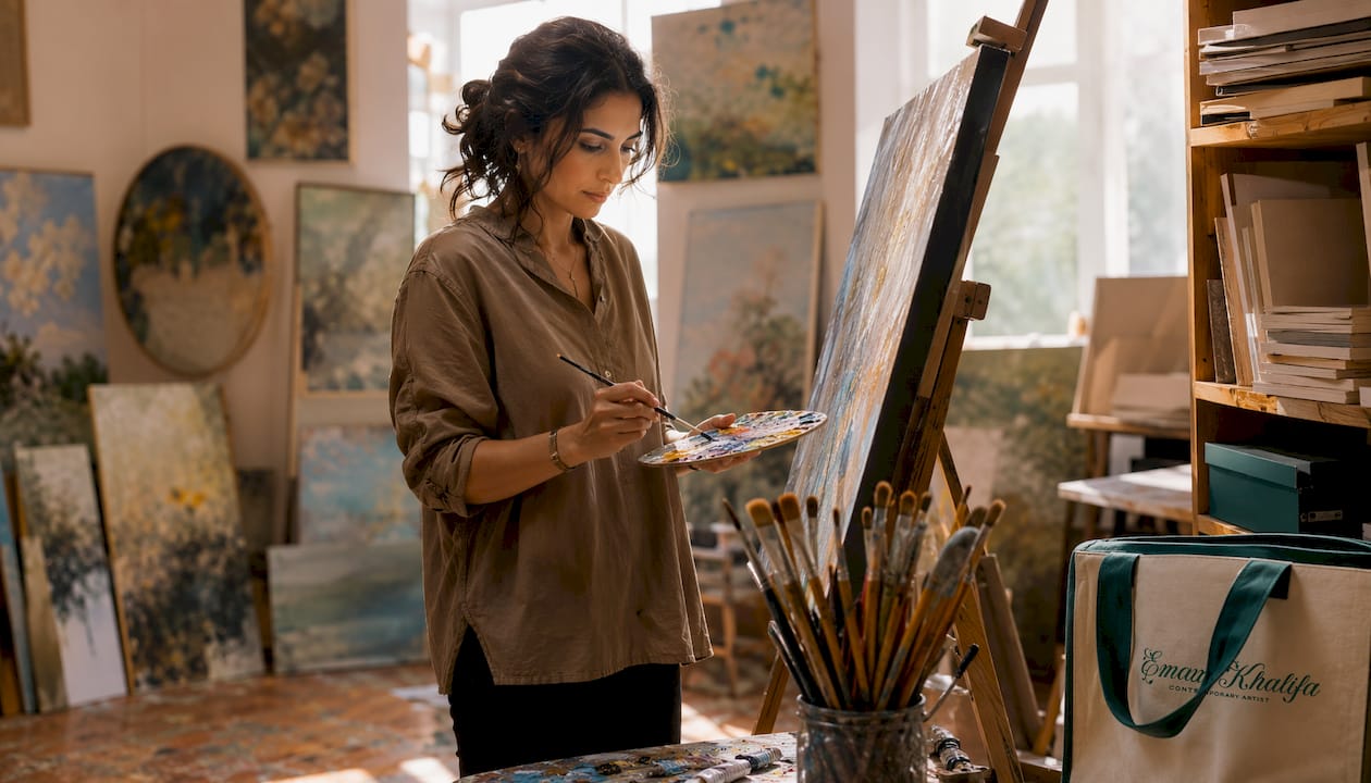 Künstlerin arbeitet im Atelier an einem Originalgemälde