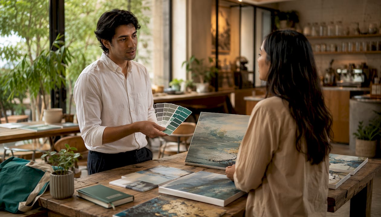 Designer sélectionnant une œuvre d'art sur toile pour un salon moderne