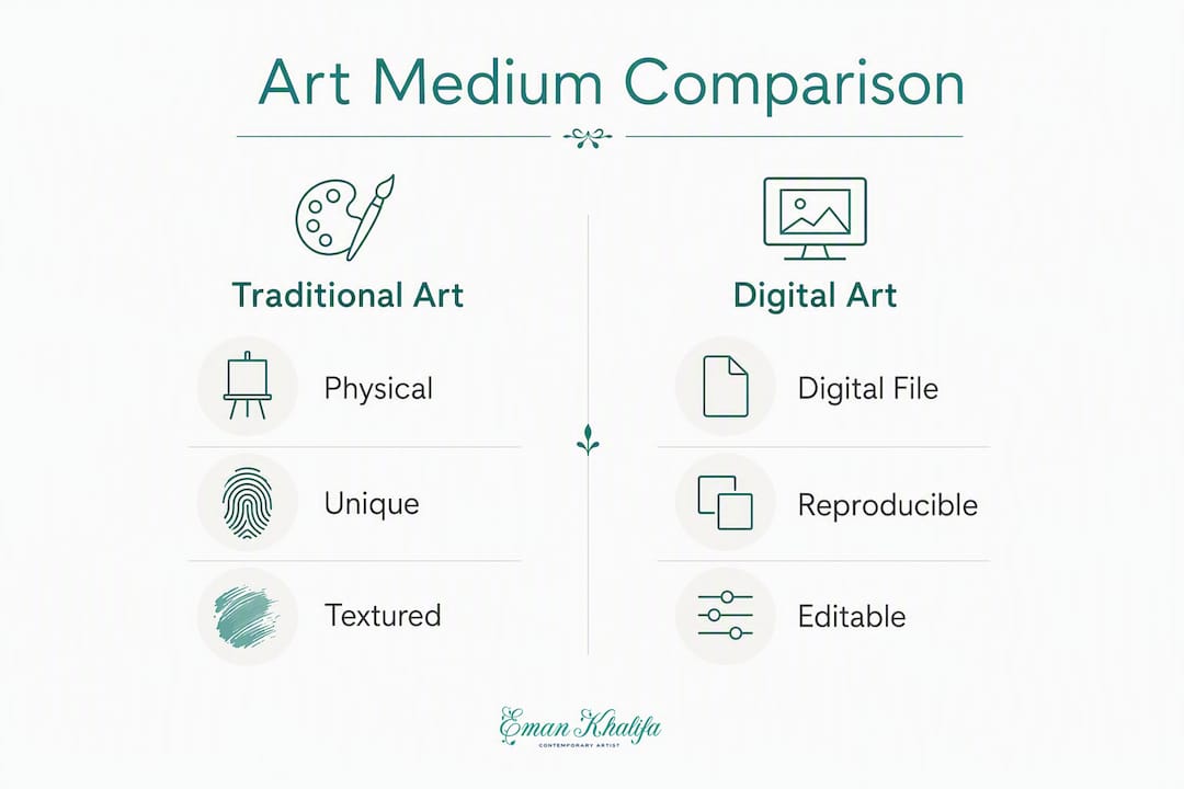 Infografik, die traditionelle und digitale Kunstmerkmale vergleicht