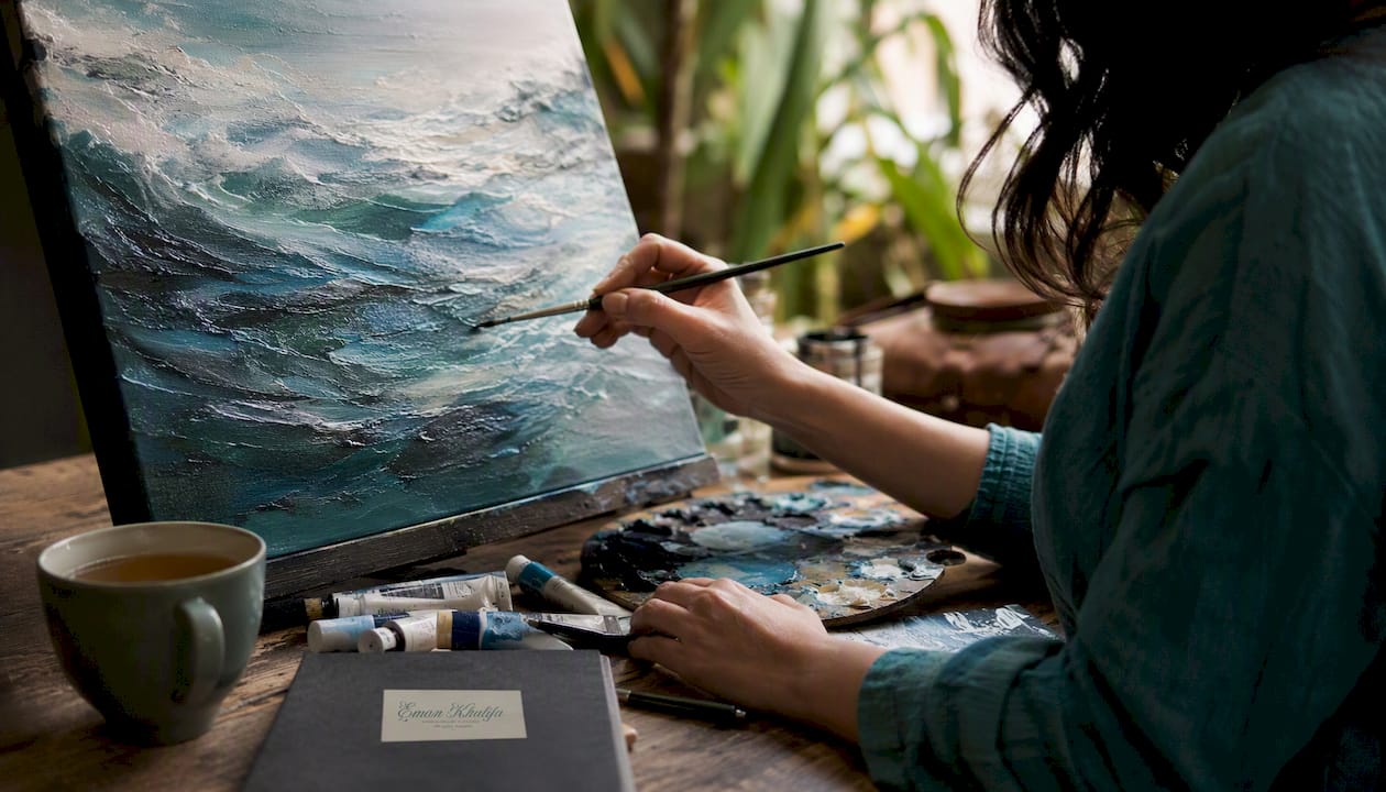 Artiste peignant une œuvre d'art fluide sur l'océan en studio