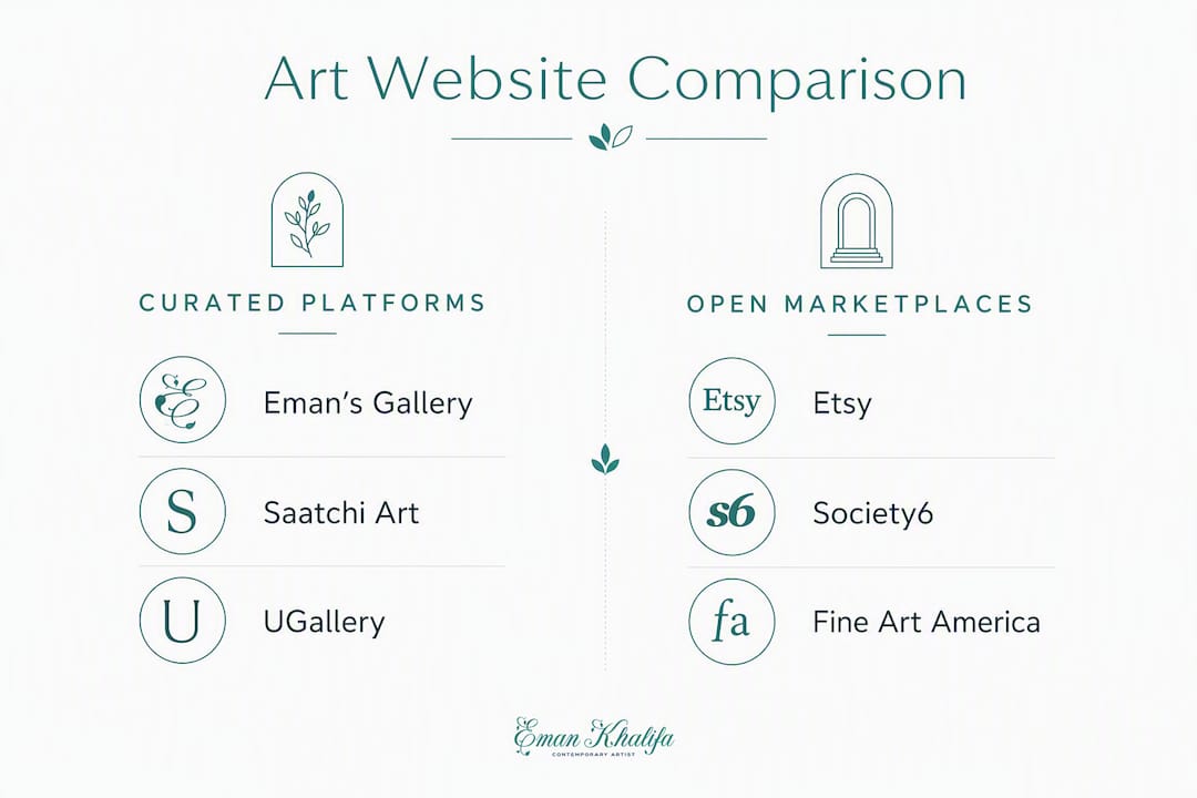 Infographie comparant les plateformes d'art conservées et les places de marché ouvertes