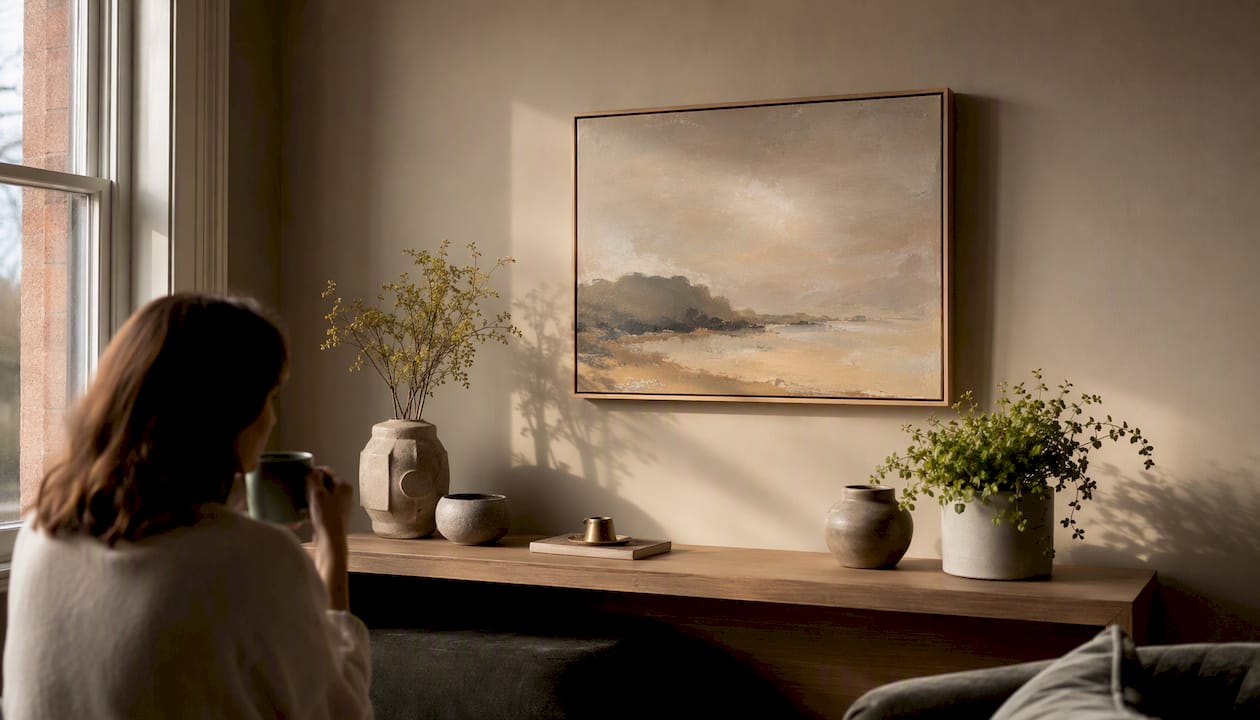 Tonal landscape painting on warm interior wall