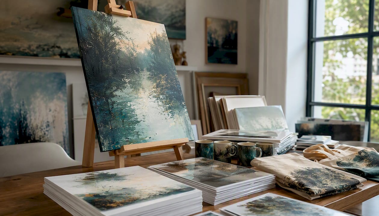 Display of original painting, prints, and art merchandise