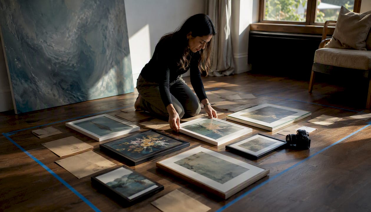 Frames arranged on floor for art display planning