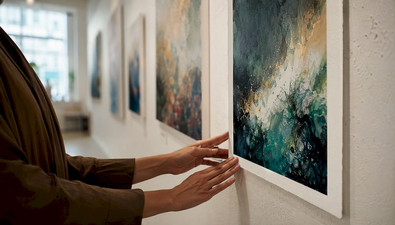 Collector’s hands feeling texture of giclée print